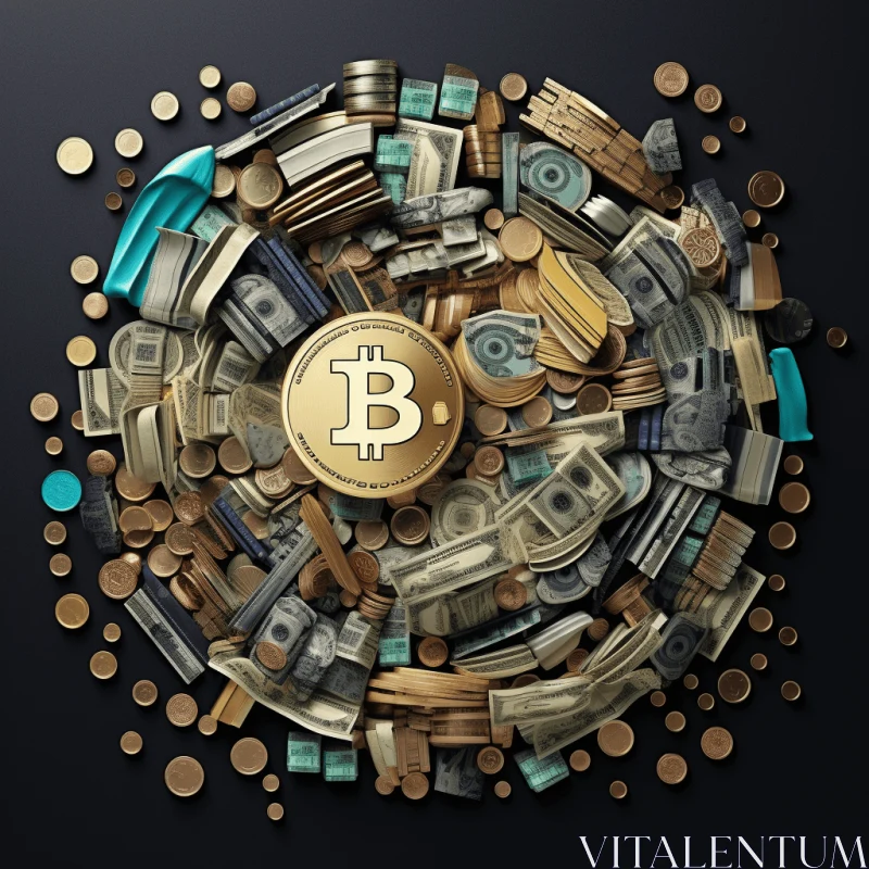 Captivating Bitcoin Art: Circular Arrangement with Gold and Money AI Image