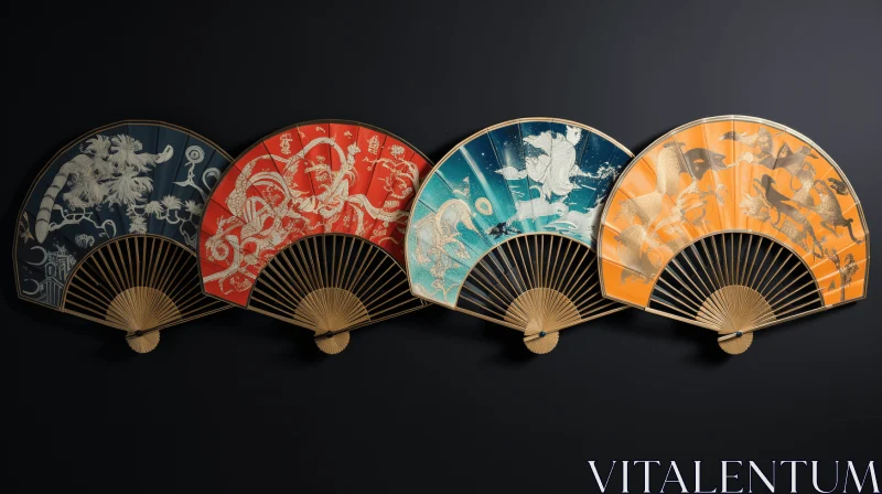 Asian Fans on Black Wall: Iconic Design in Dark Sky-Blue and Light Orange AI Image