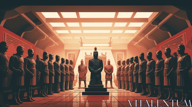 AI ART Asian-style Hallway with Statues: Retro-futuristic Perspective Rendering
