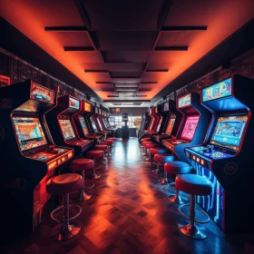 Captivating Arcade Hallway: Vintage Video Game Machines in Mesmerizing Tonalist Style