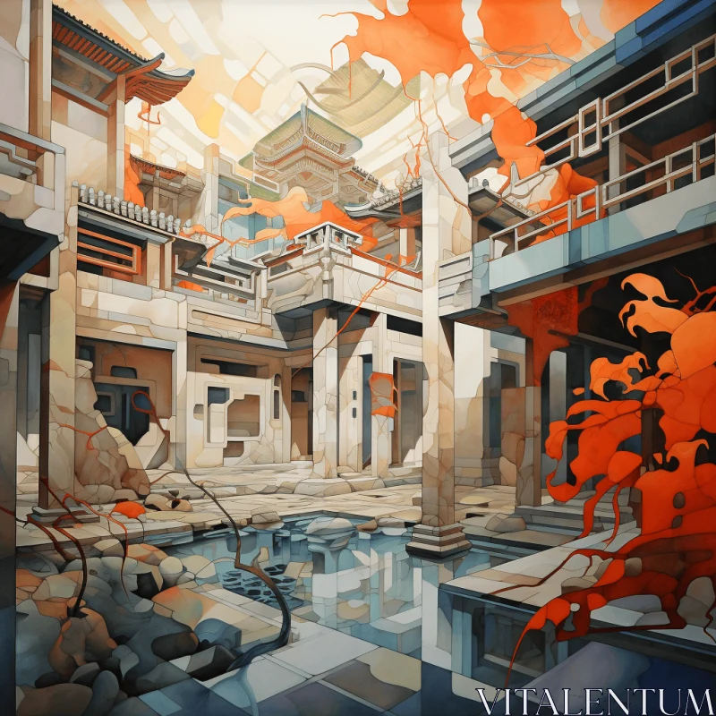 Asian-Inspired Building with Flowers and Water | Neo-Abstract Realism AI Image