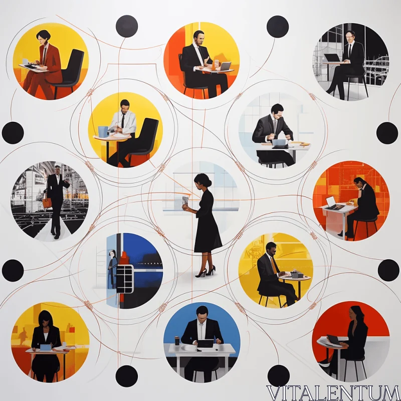 Office Illustration with Circular Shapes and Human Connections AI Image