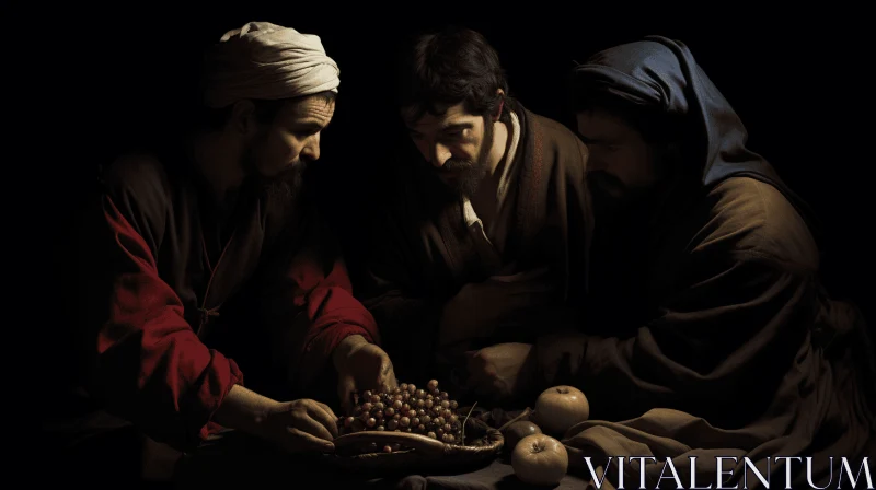 Captivating Depiction of Three Men Eating Bread in Dimly Lit Setting AI Image