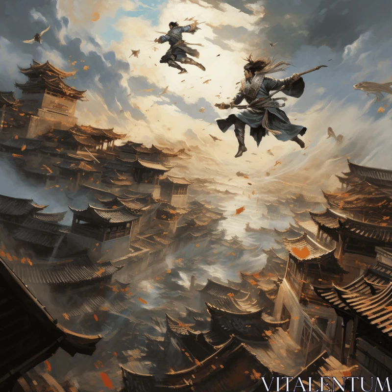 Realistic Fantasy Artwork: Flying Chinese Men with Swords above a Town AI Image