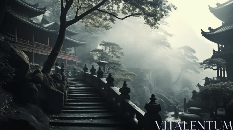 Tranquil Temple Stairs in Atmospheric Landscape AI Image