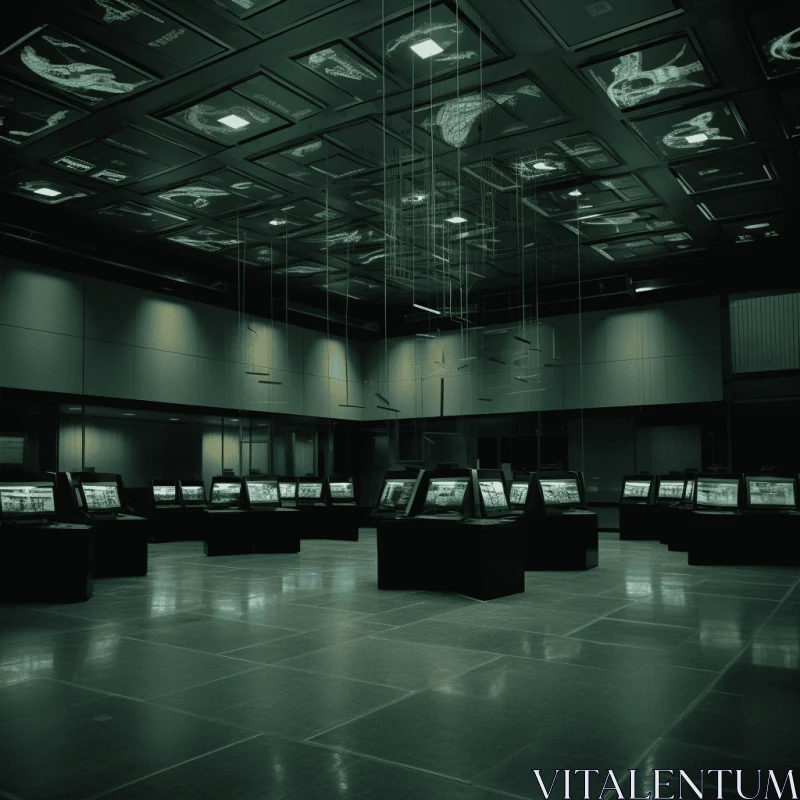 Captivating Architecture and Design: Suspended Monitors in a Dramatic Room AI Image