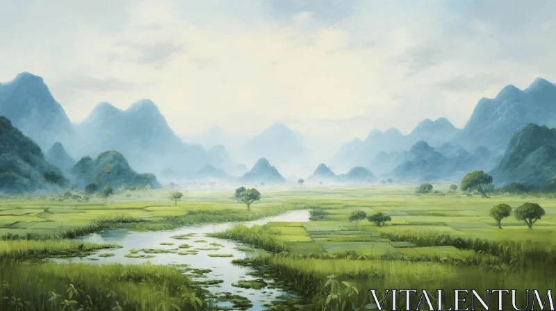 Tranquil Countryside Landscape Painting | Ancient Chinese Art Style AI Image