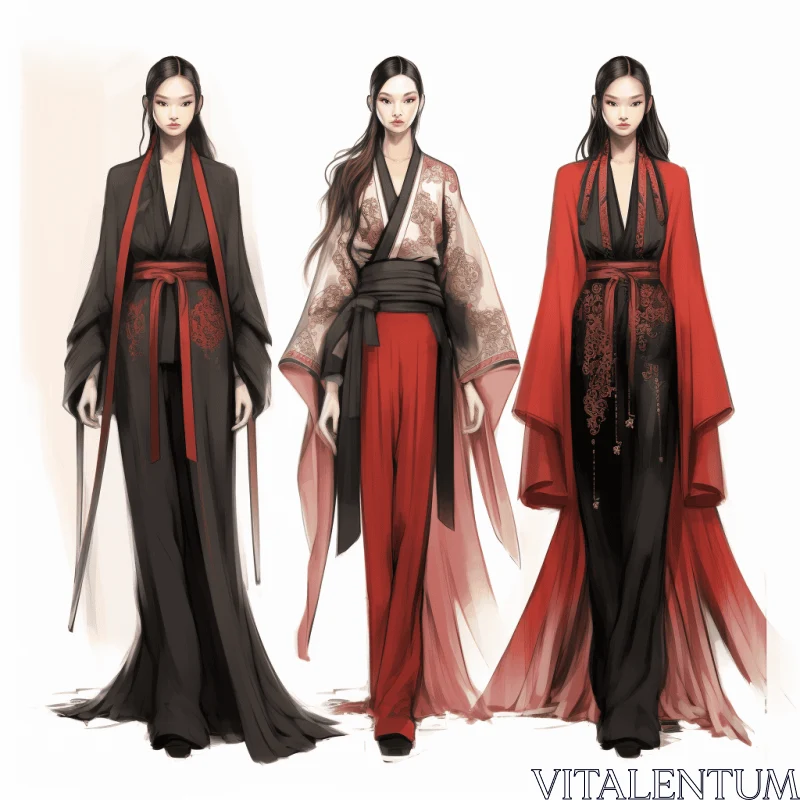 Captivating Oriental Fashion Design in Dark Crimson and Light Black AI Image