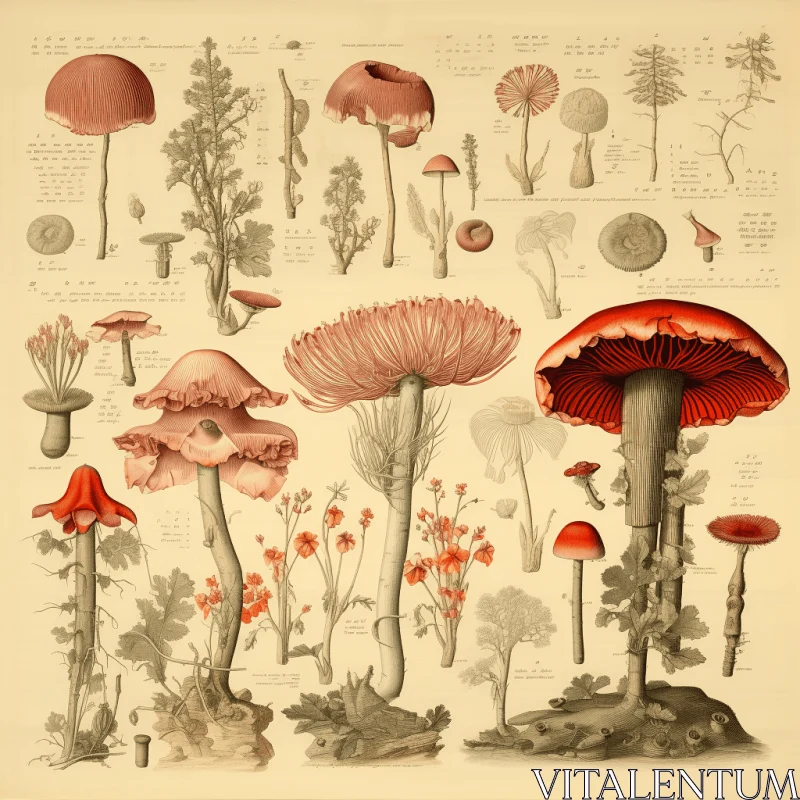 Vintage Botanical Illustration of Fungi with a Large Mushroom AI Image