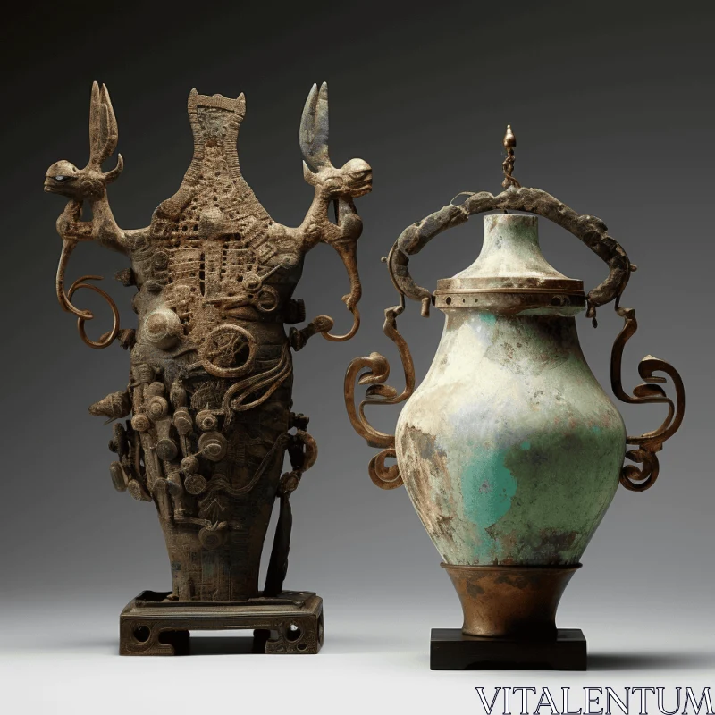 Captivating Artwork: Vases with Inscriptions, Horses, and Tibetan Woman AI Image