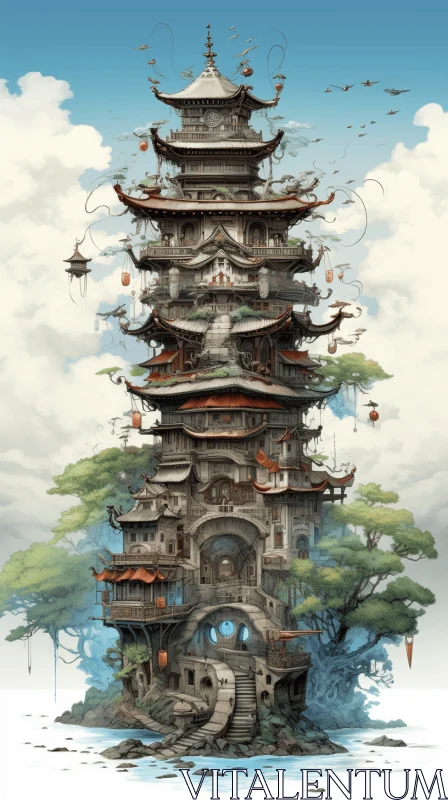 Captivating Asian Structures: A Fusion of Fantasy and Realism AI Image