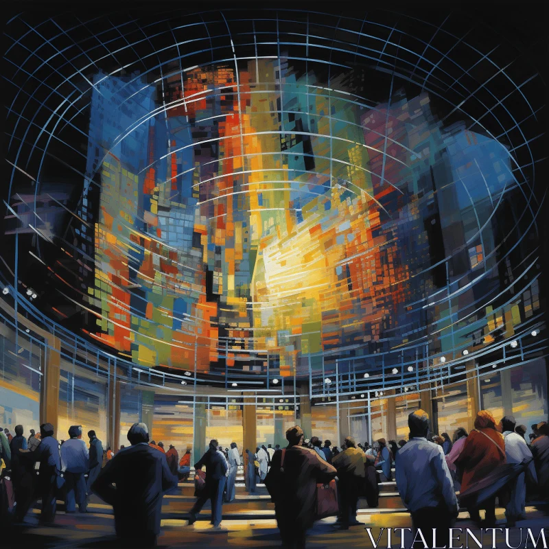 Captivating Theater Painting with Dynamic Cityscapes and Luminous Spheres AI Image