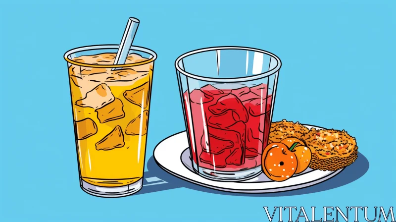 Pop Art-Inspired Illustration: Glass of Orange Juice on Plate with Doughnut AI Image