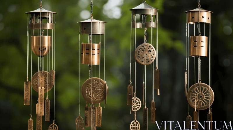 Tranquil Gardenscapes: Detailed Engraved Wind Chime Art AI Image