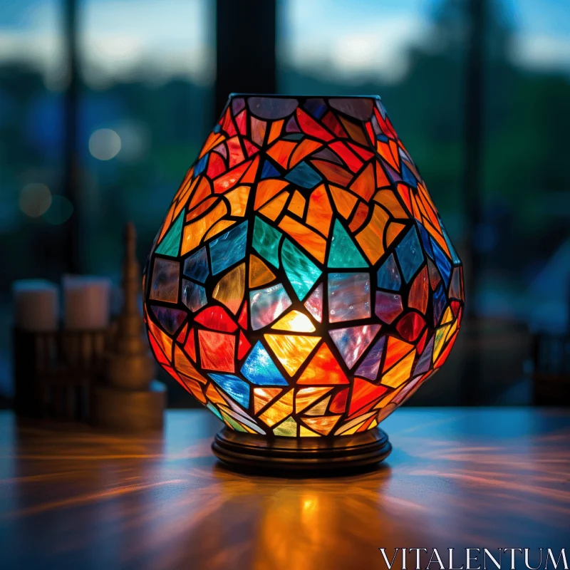Exquisite Stained Glass Lamp on Table | Serene Beauty AI Image