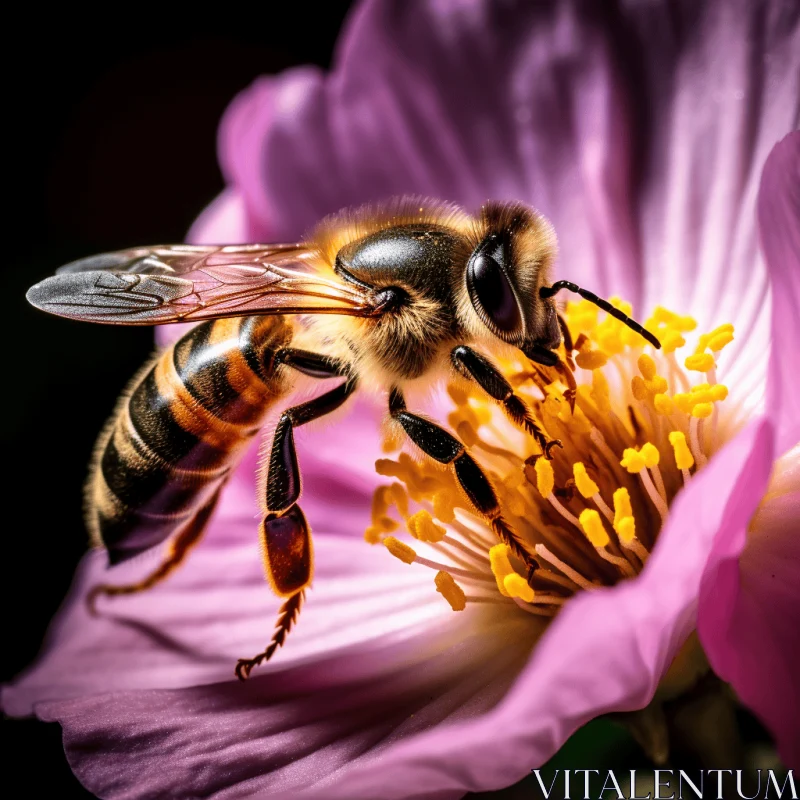 Bee on Pink Flower - Captivating Still Life with Dramatic Lighting AI Image