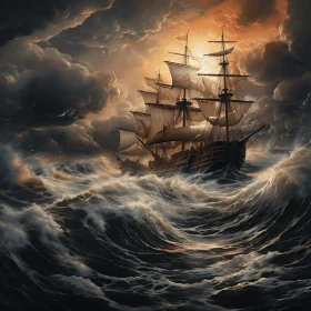 Enchanting Ship Sailing through a Stormy Sea | Hyperrealistic Fantasy Art