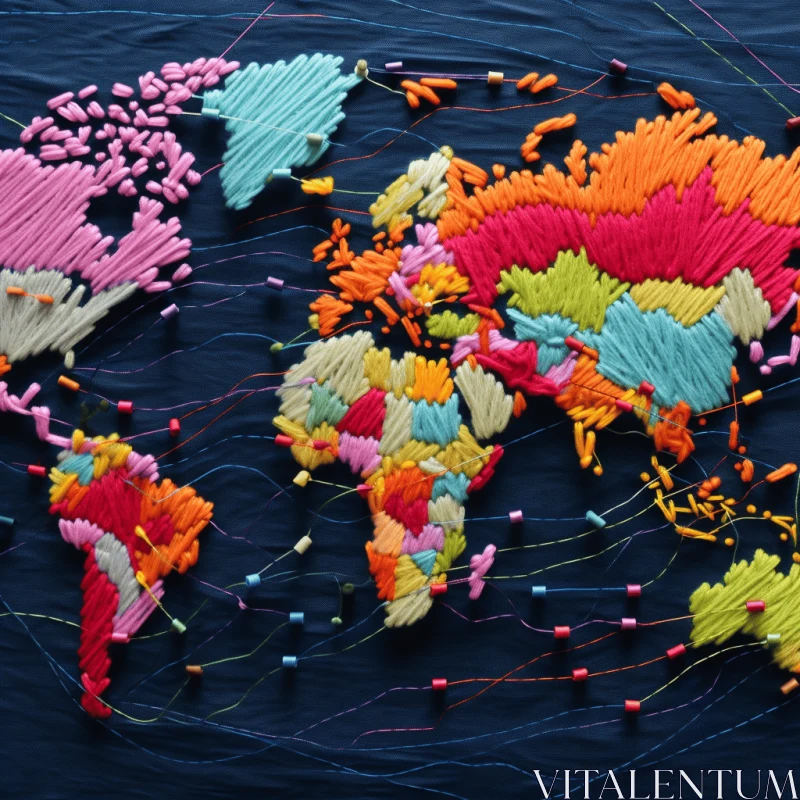 Colorful Yarn World Map with Intricate Embellishments AI Image