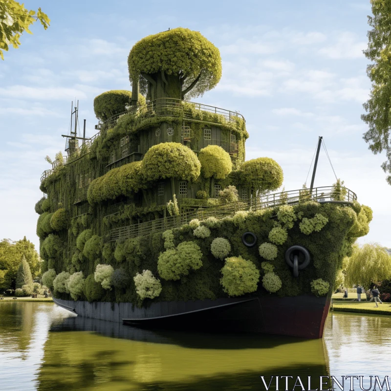 Enchanting House Boat: A Surrealistic Blend of Nature and Art AI Image