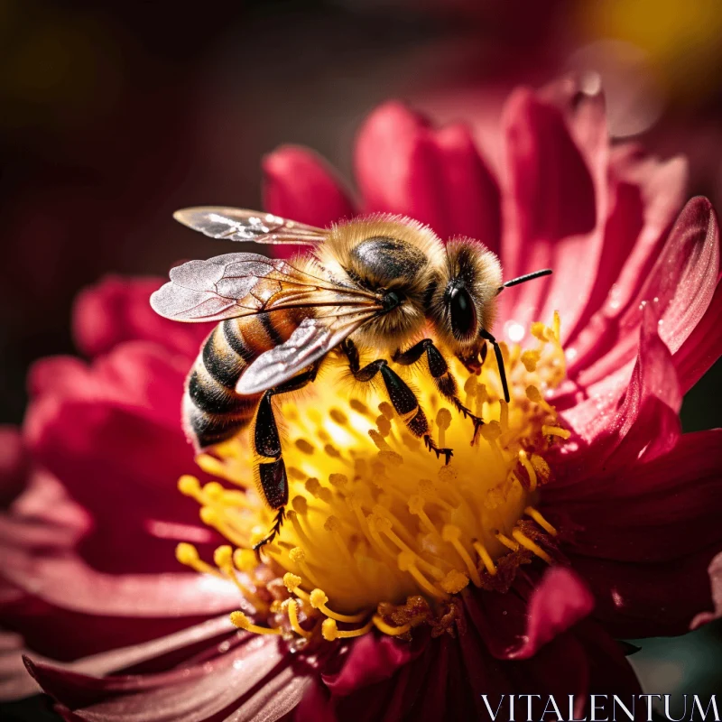 Intense and Dramatic Lighting: Bee on a Red Flower AI Image