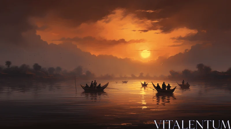 AI ART Tranquil Sunset Scene with Boats | Digital Painting | Traditional Vietnamese Style