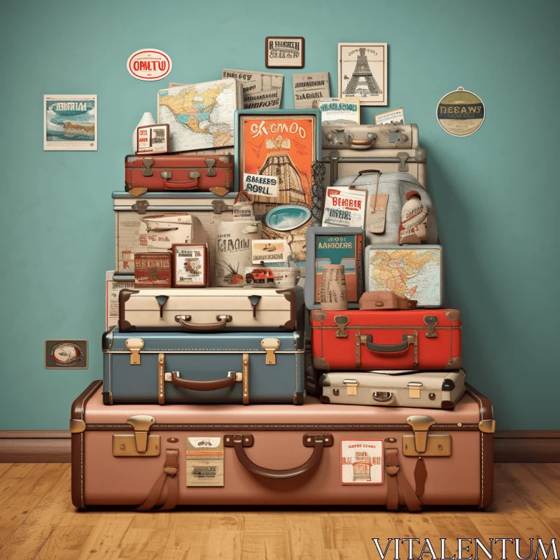 Vintage Suitcase Stacks: Nostalgic Illustration of Organized Chaos AI Image