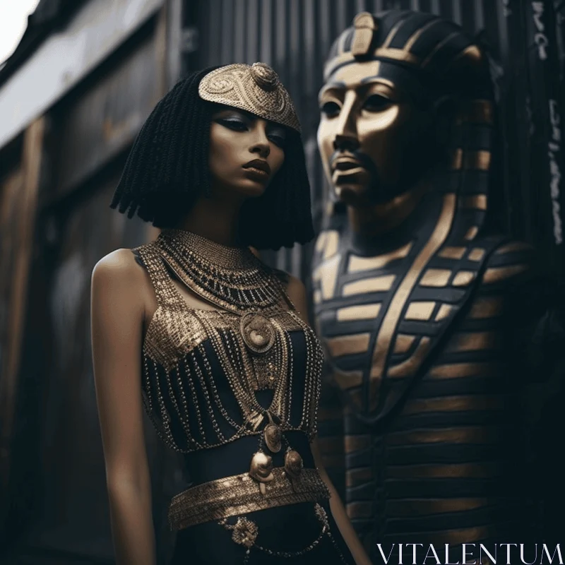 Captivating Egyptian Fashion: Woman and Sphinx in Dark Gold and Black AI Image