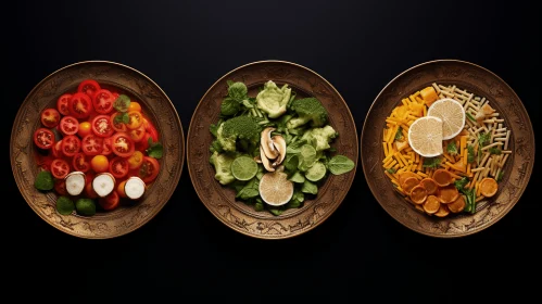 Vibrant Food Presentation: Three Bowls of Fresh Salads on a Black Table