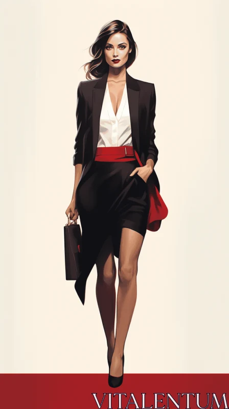 Bold and Angular Fashion Illustration of a Woman in a Suit and Red Skirt AI Image