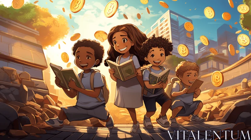 Captivating Image of Children Reading Books Surrounded by Coins on a Street with Ruins AI Image