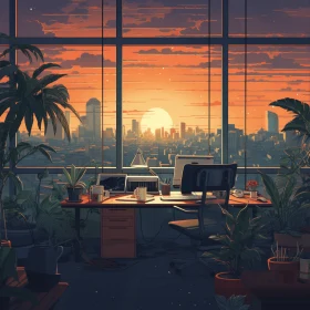 Captivating Office Scene: Nature-inspired Manga Style with Gritty Cityscapes