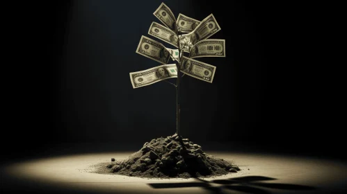 Cash Tree with Money on Dark Background - Surreal Organic Forms