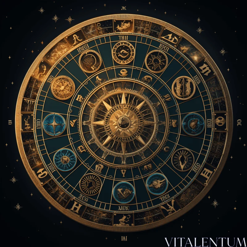 Vintage Zodiac Wheel Illustration with Gold Leaf Accents AI Image