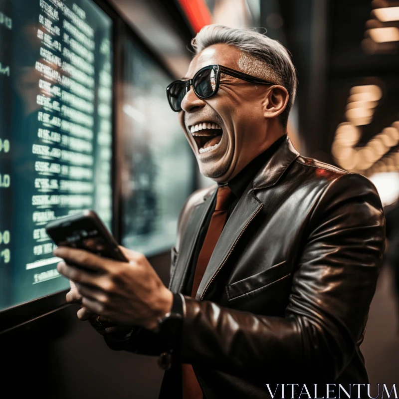 Smiling Businessman Laughing at Airport Board | Futuristic Black Arts Movement AI Image