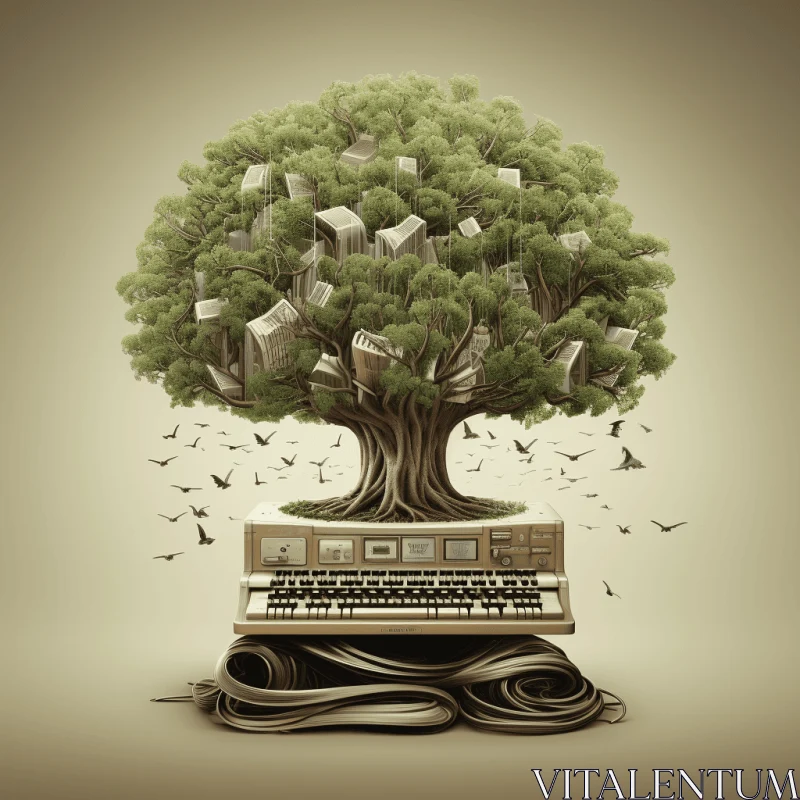 Majestic Composition of a Tree and a Computer: Blending Realism and Imagination AI Image