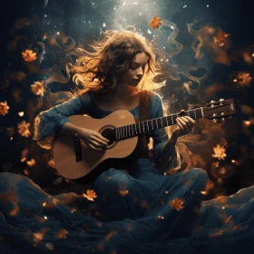 Captivating Girl with Guitar in Enchanting Night Sky | Stock Photo