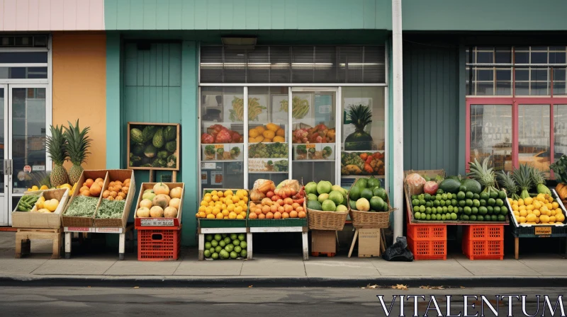 AI ART Captivating Urban Scene with Boxed Fruit on Sidewalk