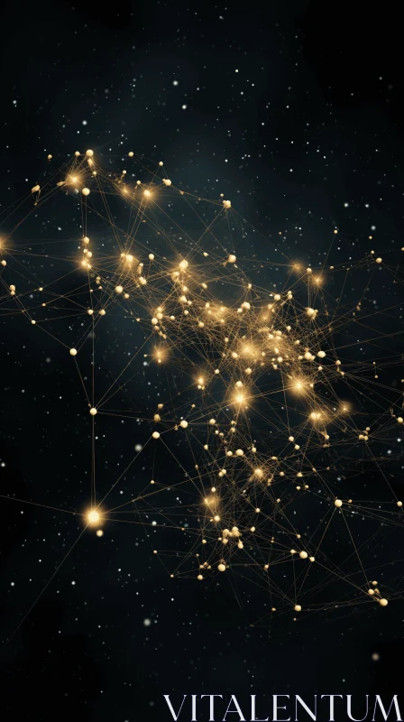 Golden Connected Network of Data and Stars | Abstract Artwork AI Image