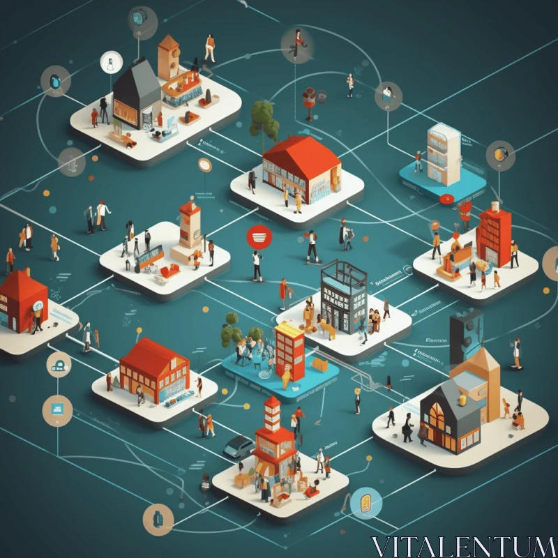 Isometric Image of People in a Network of City Buildings - Primitivist Elements AI Image
