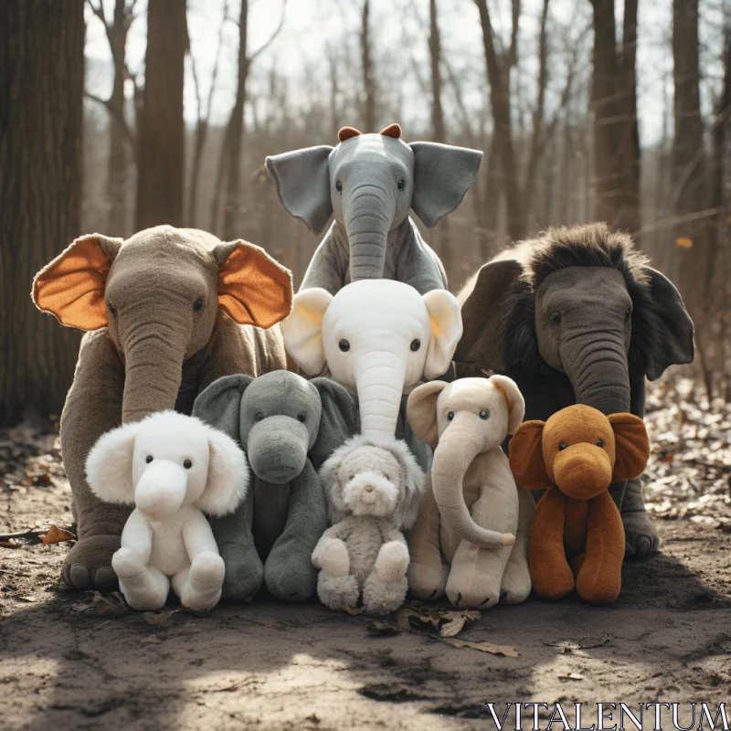 Stuffed Elephants in Forest: Soft-Focus Portraits in Plush Doll Art Style AI Image
