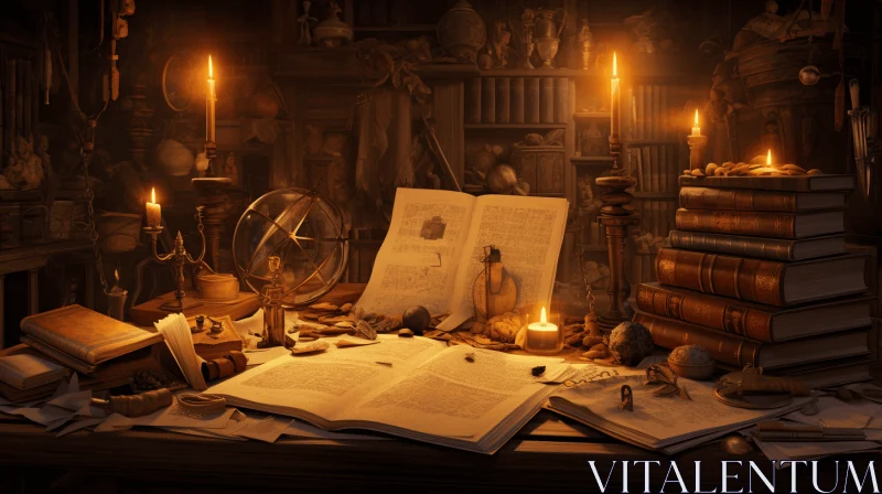 Mystical Dark Room with Candles and Books | Detailed Scientific Subjects AI Image
