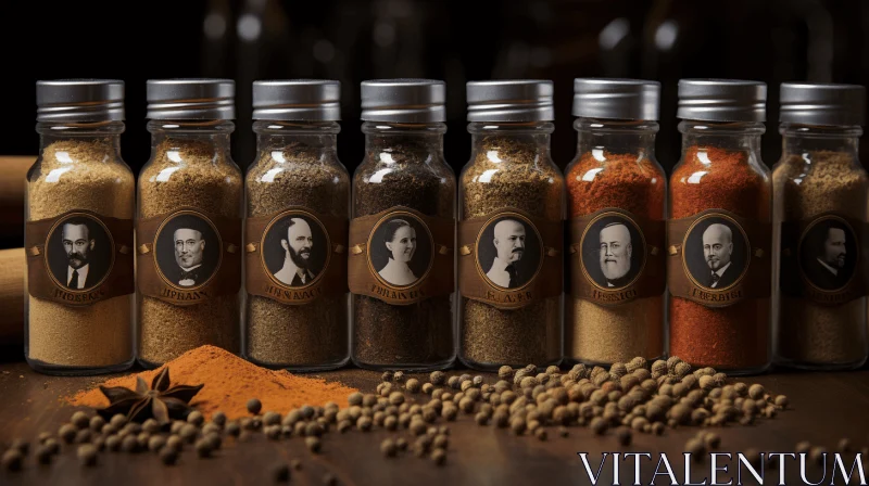 Captivating Spice Bottle Collection with Diverse Portraits AI Image