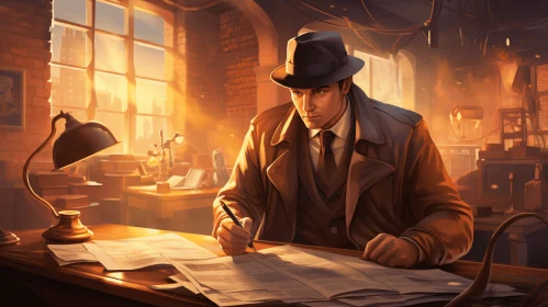 Captivating Mystery: Investigator Writing on Desk in Golden Age Illustrations Style