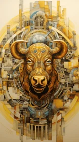 Intricate Bull Head Illustration in a Cityscape | Mechanical Realism