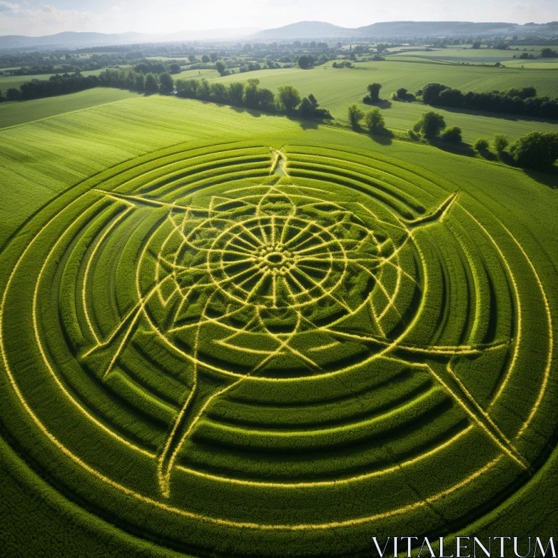 Captivating Tethered Spiral Art in a Field | Dark Emerald and Yellow AI Image