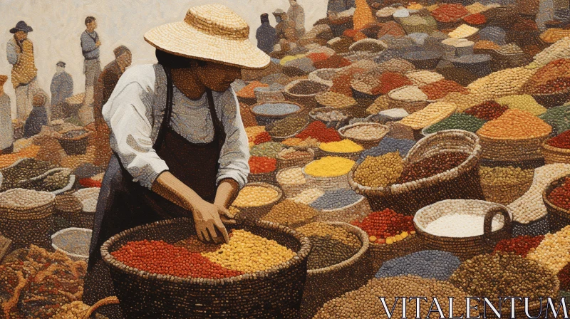 Captivating Artwork: Woman Handling Baskets of Spices in Mosaic-Inspired Realism AI Image