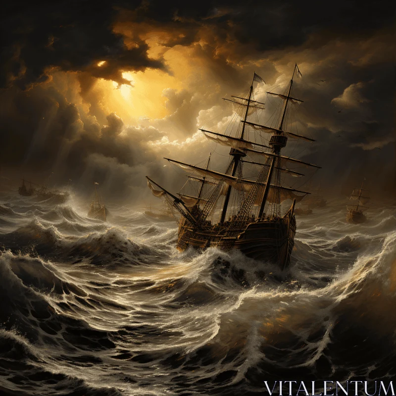 Ship on Stormy Sea - Realistic Chiaroscuro Illustration AI Image