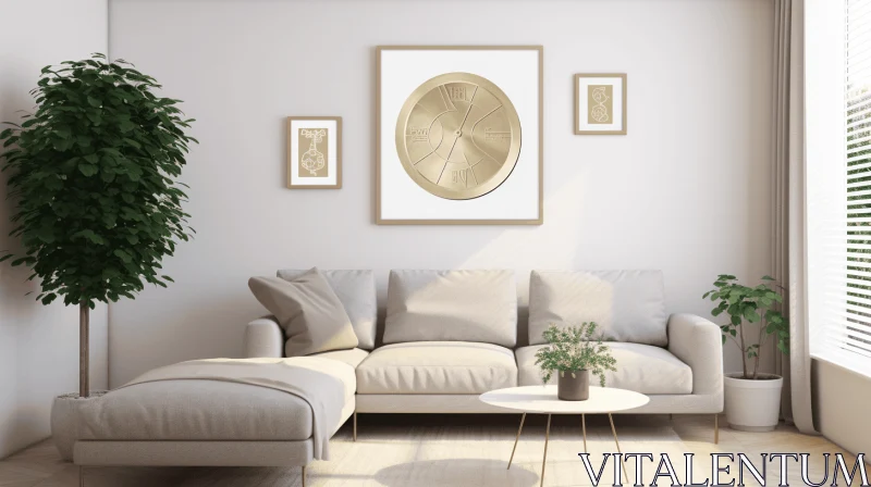 Modern Minimalist Living Room with White Sofa and Gold Leaf Posters AI Image