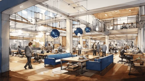 Vintage-Inspired Office Building Interior Rendering | Collaborative Space