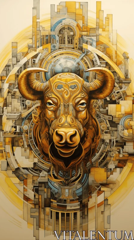 Intricate Bull Head Illustration in a Cityscape | Mechanical Realism AI Image